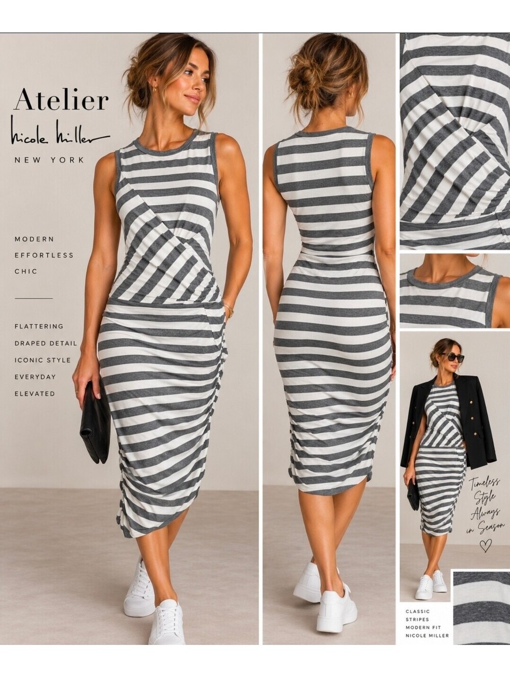 Nicole Miller Atelier NWT Striped Ruched Draped Bodycon Midi Dress S